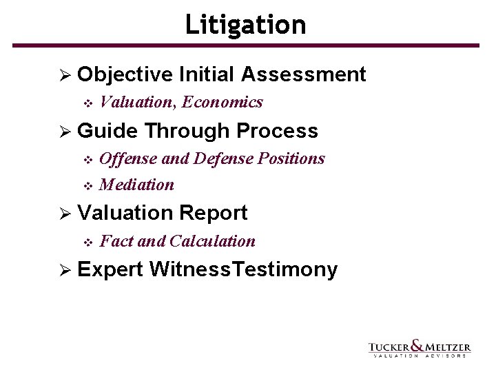 Litigation Ø Objective v Initial Assessment Valuation, Economics Ø Guide Through Process Offense and