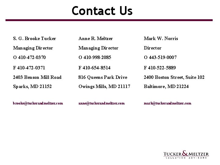 Contact Us S. G. Brooke Tucker Anne R. Meltzer Mark W. Norris Managing Director