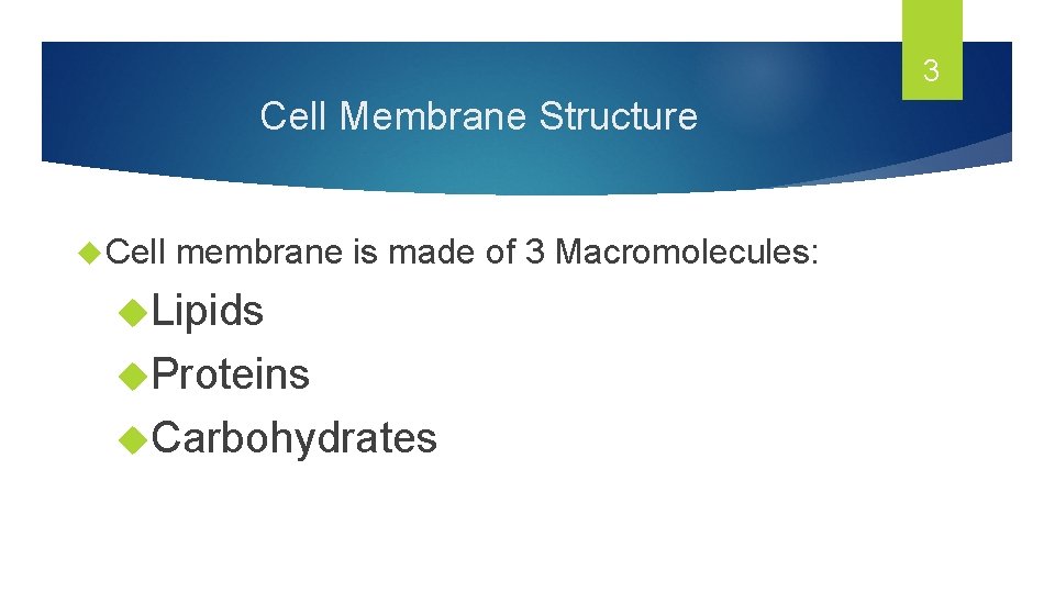 3 Cell Membrane Structure Cell membrane is made of 3 Macromolecules: Lipids Proteins Carbohydrates