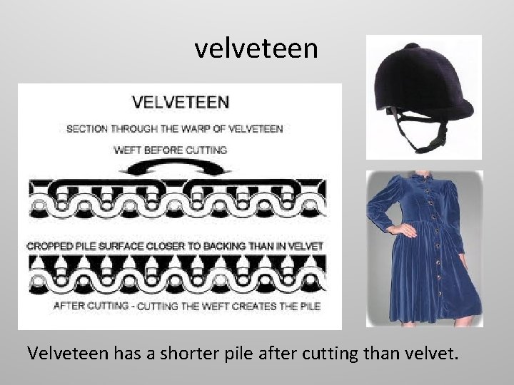 velveteen Velveteen has a shorter pile after cutting than velvet. 