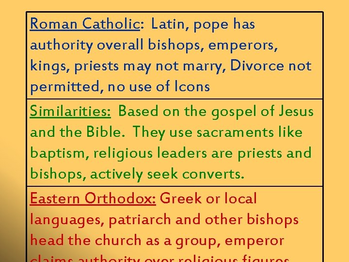 Roman Catholic: Latin, pope has authority overall bishops, emperors, kings, priests may not marry,