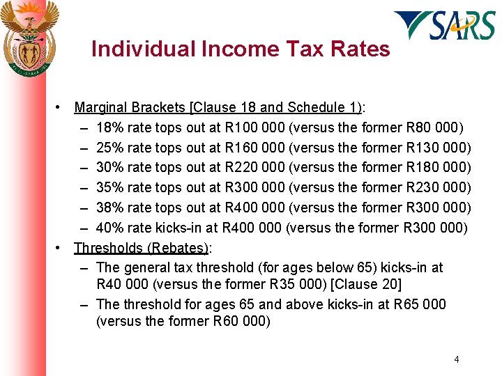Individual Income Tax Rates • Marginal Brackets [Clause 18 and Schedule 1): – 18%