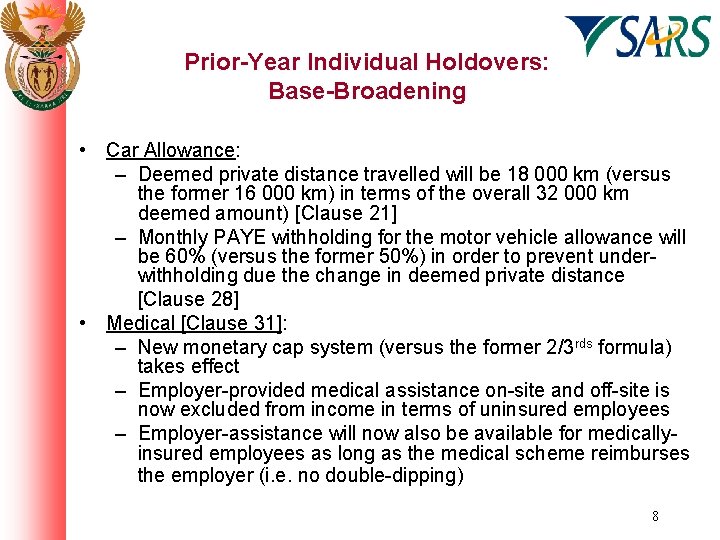 Prior-Year Individual Holdovers: Base-Broadening • Car Allowance: – Deemed private distance travelled will be