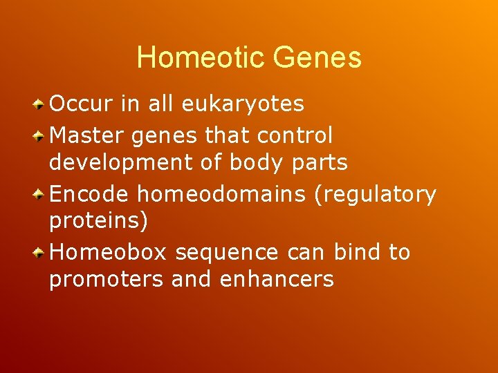 Homeotic Genes Occur in all eukaryotes Master genes that control development of body parts