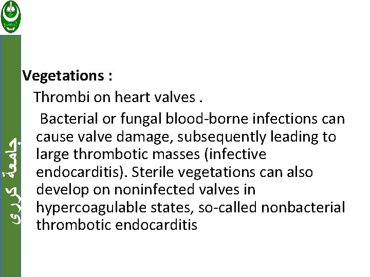  ﺟﺎﻣﻌﺔ ﻛﺮﺭﻱ Vegetations : Thrombi on heart valves. Bacterial or fungal blood-borne infections