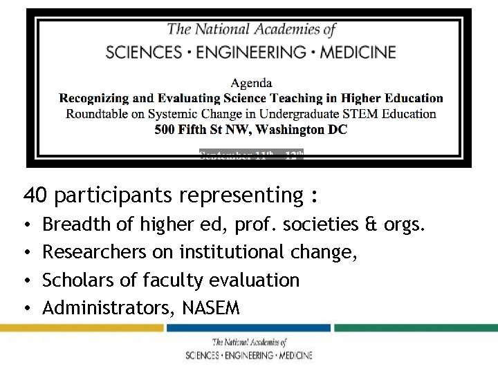 40 participants representing : • • Breadth of higher ed, prof. societies & orgs.