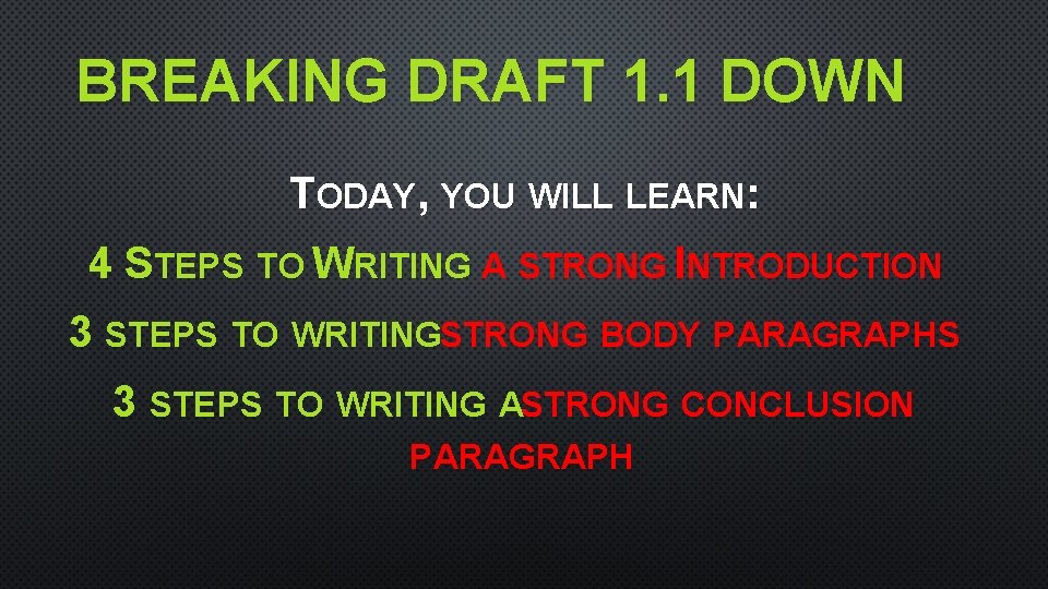 BREAKING DRAFT 1. 1 DOWN TODAY, YOU WILL LEARN: 4 STEPS TO WRITING A