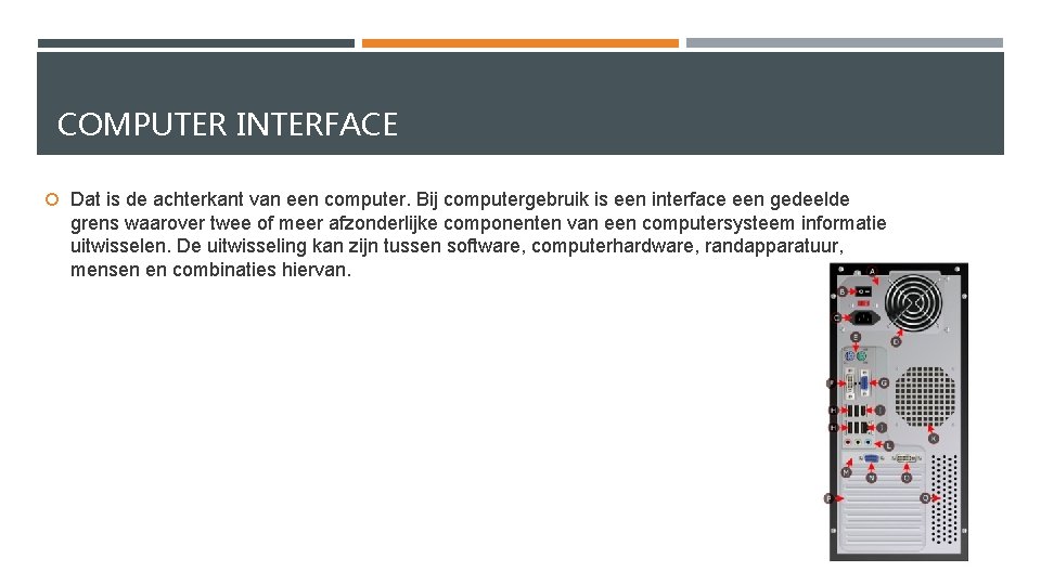 COMPUTER INTERFACE Dat is de achterkant van een computer. Bij computergebruik is een interface