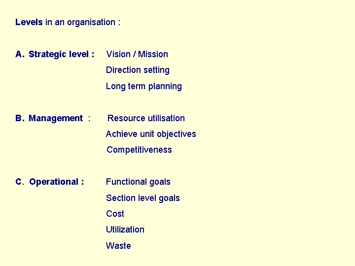 Levels in an organisation : A. Strategic level : Vision / Mission Direction setting
