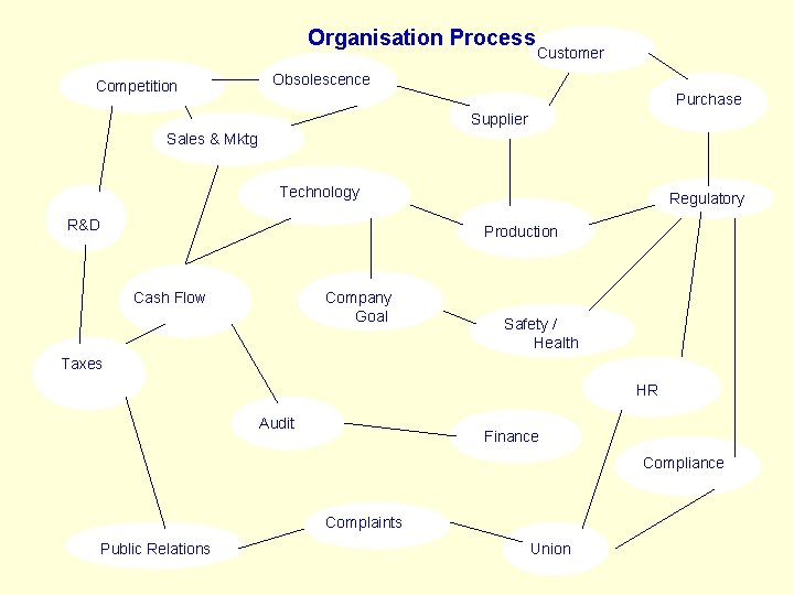 Organisation Process Competition Customer Obsolescence Purchase Supplier Sales & Mktg Technology R&D Regulatory Production