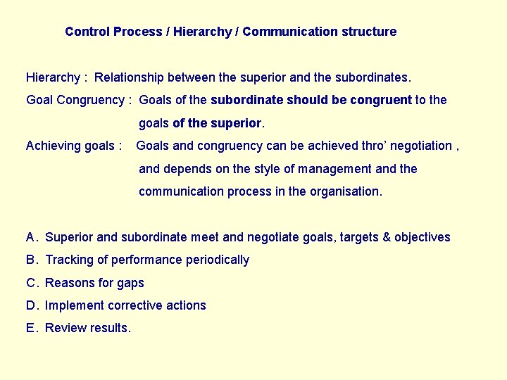 Control Process / Hierarchy / Communication structure Hierarchy : Relationship between the superior and