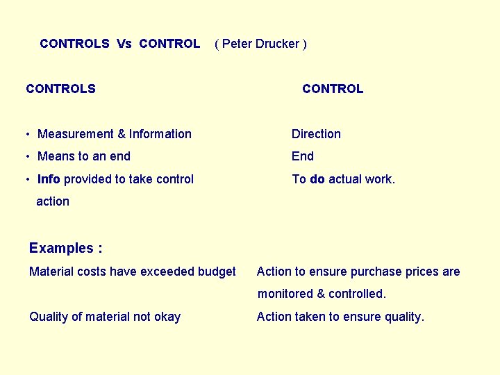CONTROLS Vs CONTROL ( Peter Drucker ) CONTROLS CONTROL • Measurement & Information Direction