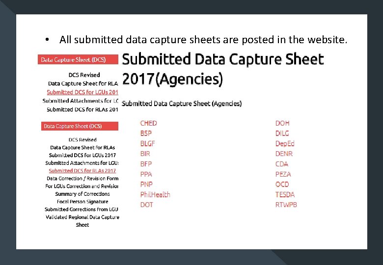  • All submitted data capture sheets are posted in the website. 
