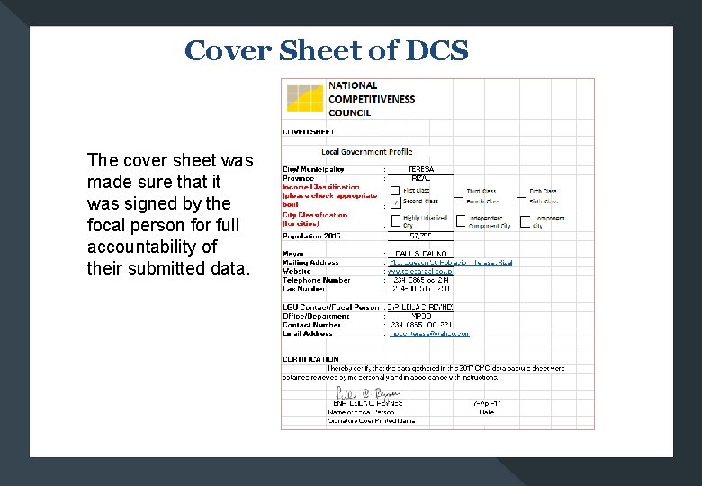 Cover Sheet of DCS The cover sheet was made sure that it was signed