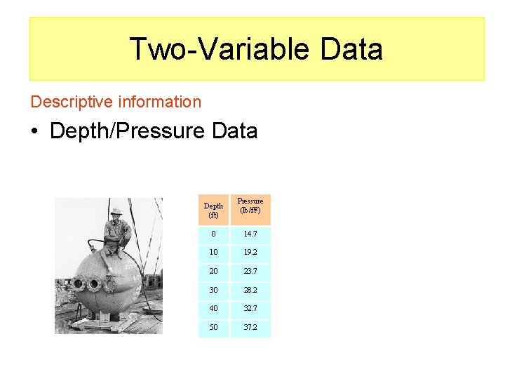 Two-Variable Data Descriptive information • Depth/Pressure Data Depth (ft) Pressure (lb/ft 2) 0 14.