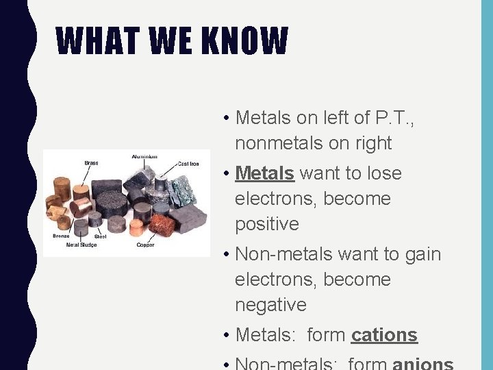WHAT WE KNOW • Metals on left of P. T. , nonmetals on right