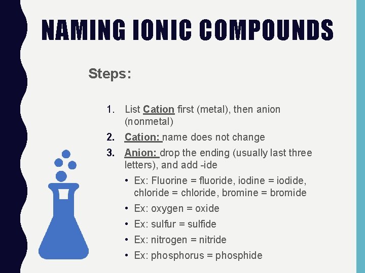NAMING IONIC COMPOUNDS Steps: 1. List Cation first (metal), then anion (nonmetal) 2. Cation: