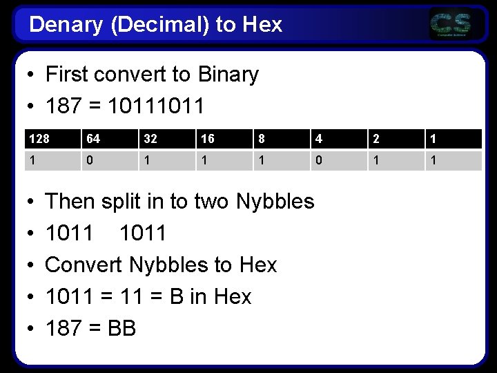 Denary (Decimal) to Hex • First convert to Binary • 187 = 1011 128 Denary (Decimal) to Hex • First convert to Binary • 187 = 1011 128