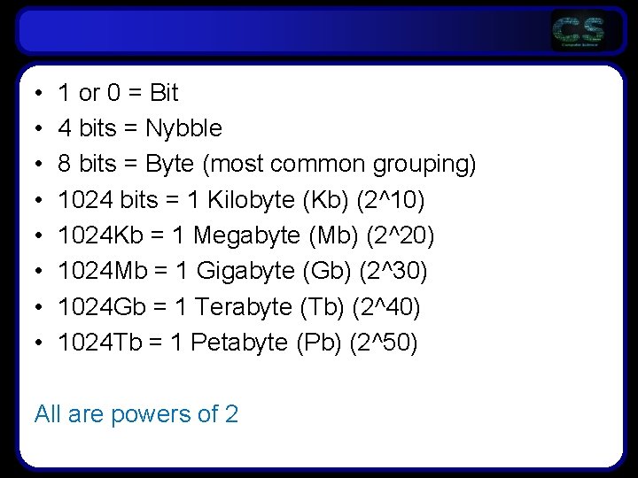 • • 1 or 0 = Bit 4 bits = Nybble 8 bits • • 1 or 0 = Bit 4 bits = Nybble 8 bits