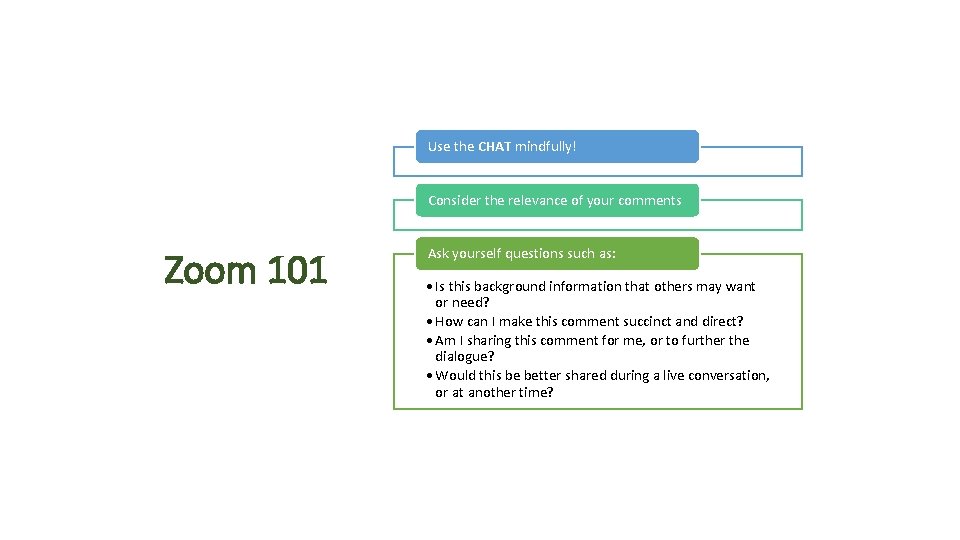 Use the CHAT mindfully! Consider the relevance of your comments Zoom 101 Ask yourself