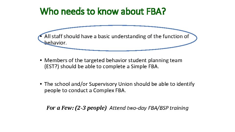 Who needs to know about FBA? • All staff should have a basic understanding