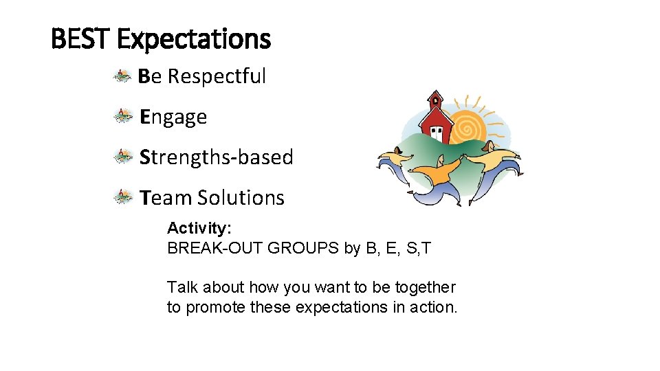 BEST Expectations Be Respectful Engage Strengths-based Team Solutions Activity: BREAK-OUT GROUPS by B, E,