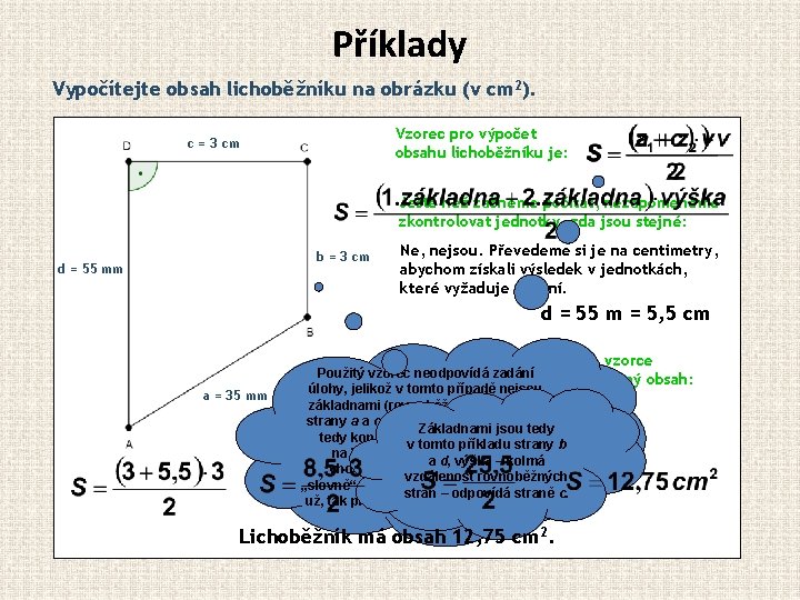 Příklady Vypočítejte obsah lichoběžníku na obrázku (v cm 2). Vzorec pro výpočet obsahu lichoběžníku
