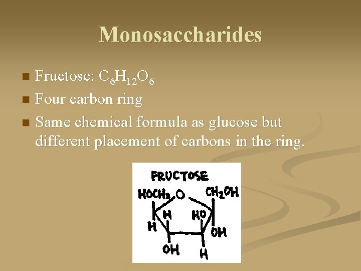 Monosaccharides Fructose: C 6 H 12 O 6 n Four carbon ring n Same