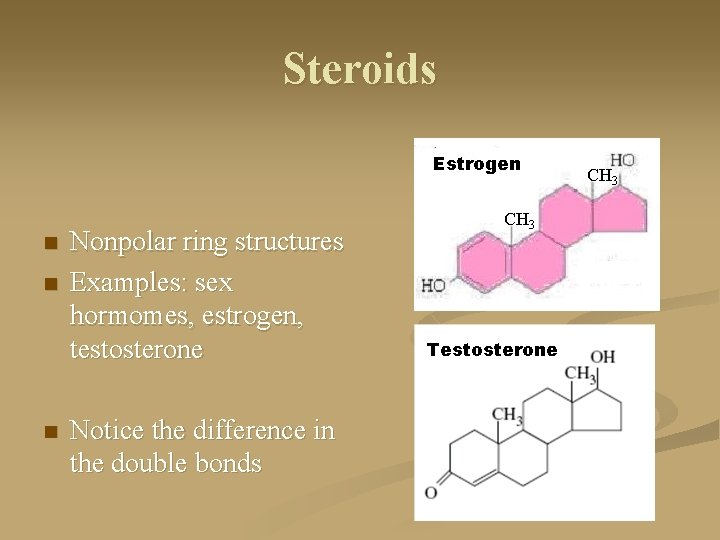 Steroids Estrogen n Nonpolar ring structures Examples: sex hormomes, estrogen, testosterone Notice the difference