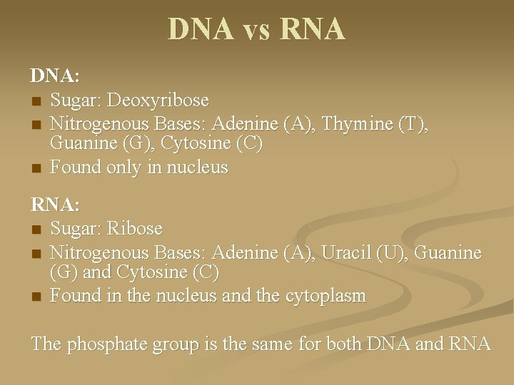 DNA vs RNA DNA: n Sugar: Deoxyribose n Nitrogenous Bases: Adenine (A), Thymine (T),