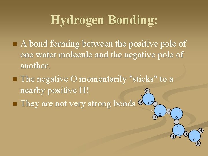 Hydrogen Bonding: A bond forming between the positive pole of one water molecule and