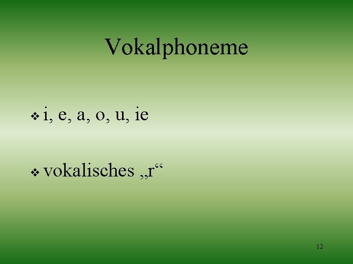 Vokalphoneme v i, e, a, o, u, ie v vokalisches „r“ 12 