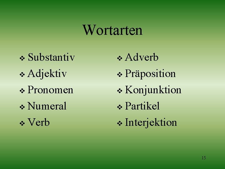 Wortarten Substantiv v Adjektiv v Pronomen v Numeral v Verb v Adverb v Präposition