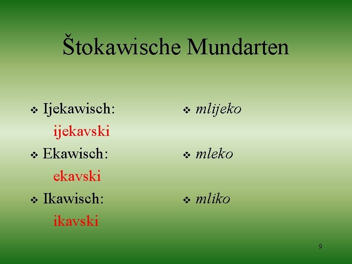 Štokawische Mundarten Ijekawisch: ijekavski v Ekawisch: ekavski v Ikawisch: ikavski v v mlijeko v