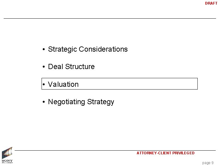 DRAFT • Strategic Considerations • Deal Structure • Valuation • Negotiating Strategy ATTORNEY-CLIENT PRIVILEGED