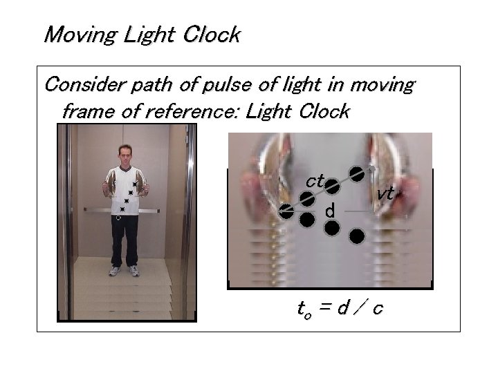 Moving Light Clock Consider path of pulse of light in moving frame of reference: