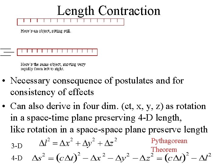 Length Contraction • Necessary consequence of postulates and for consistency of effects • Can