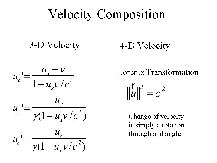 Velocity Composition 3 -D Velocity 4 -D Velocity Lorentz Transformation Change of velocity is