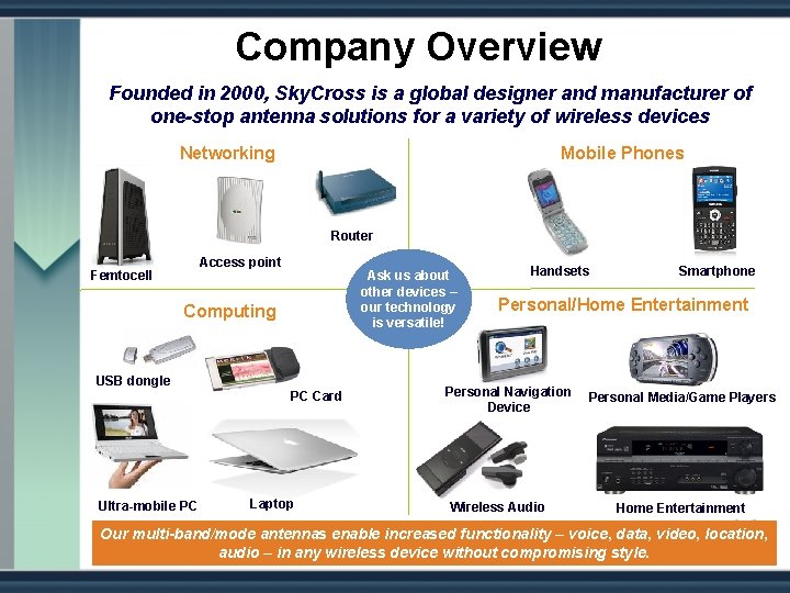 Company Overview Founded in 2000, Sky. Cross is a global designer and manufacturer of
