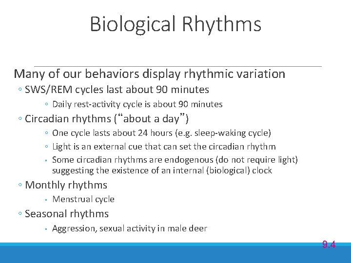 Biological Rhythms Many of our behaviors display rhythmic variation ◦ SWS/REM cycles last about