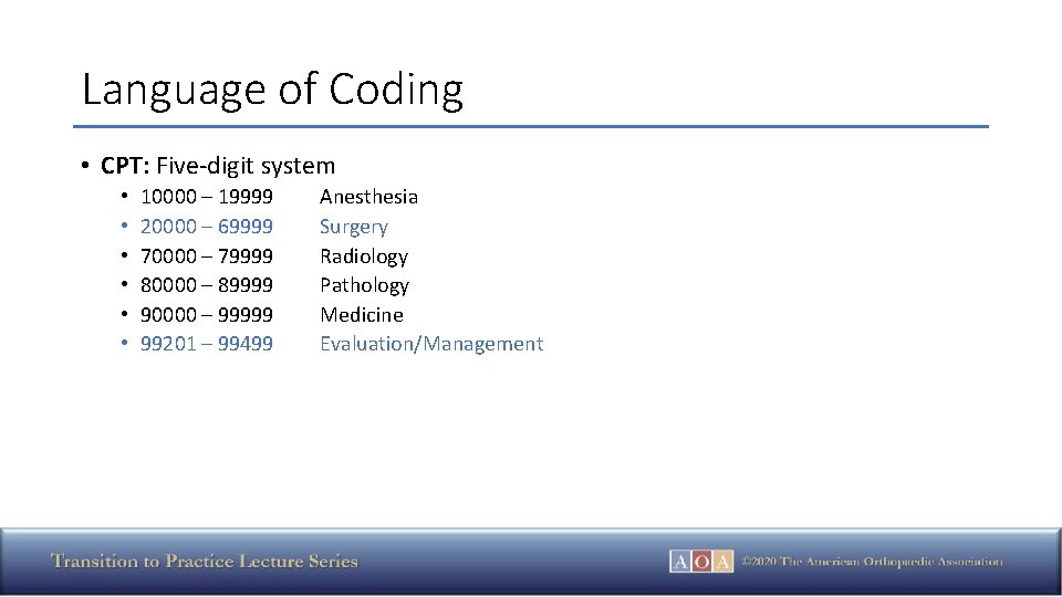 Language of Coding • CPT: Five-digit system • • • 10000 – 19999 20000