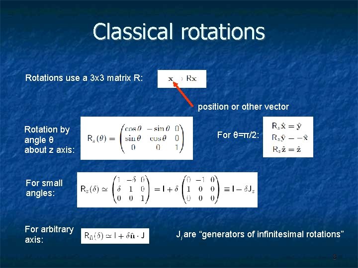 Classical rotations Rotations use a 3 x 3 matrix R: position or other vector