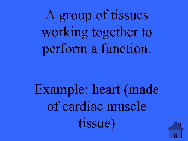 A group of tissues working together to perform a function. Example: heart (made of