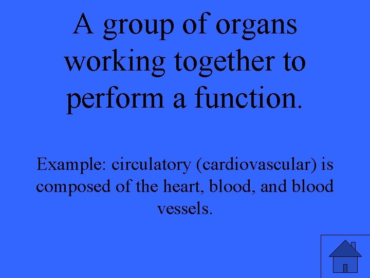 A group of organs working together to perform a function. Example: circulatory (cardiovascular) is