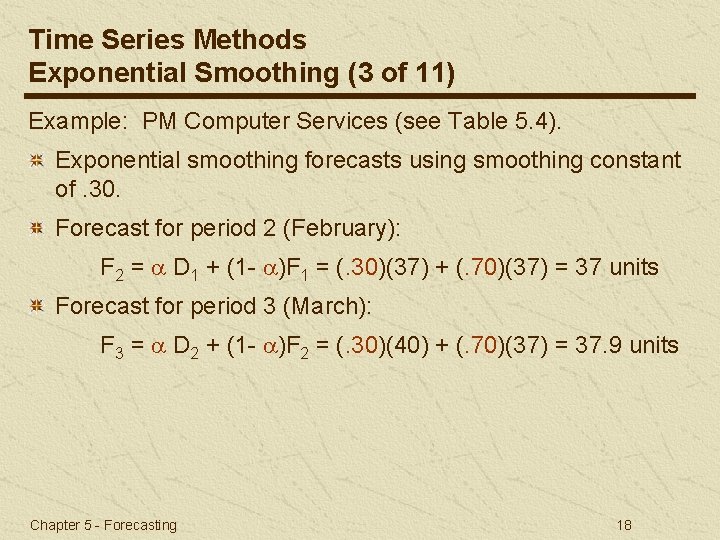 Time Series Methods Exponential Smoothing (3 of 11) Example: PM Computer Services (see Table
