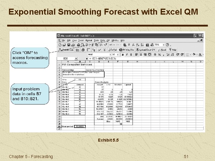 Exponential Smoothing Forecast with Excel QM Exhibit 5. 5 Chapter 5 - Forecasting 51