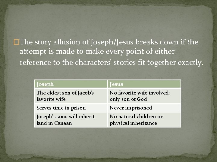 �The story allusion of Joseph/Jesus breaks down if the attempt is made to make