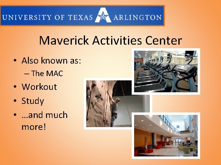 Maverick Activities Center • Also known as: – The MAC • Workout • Study