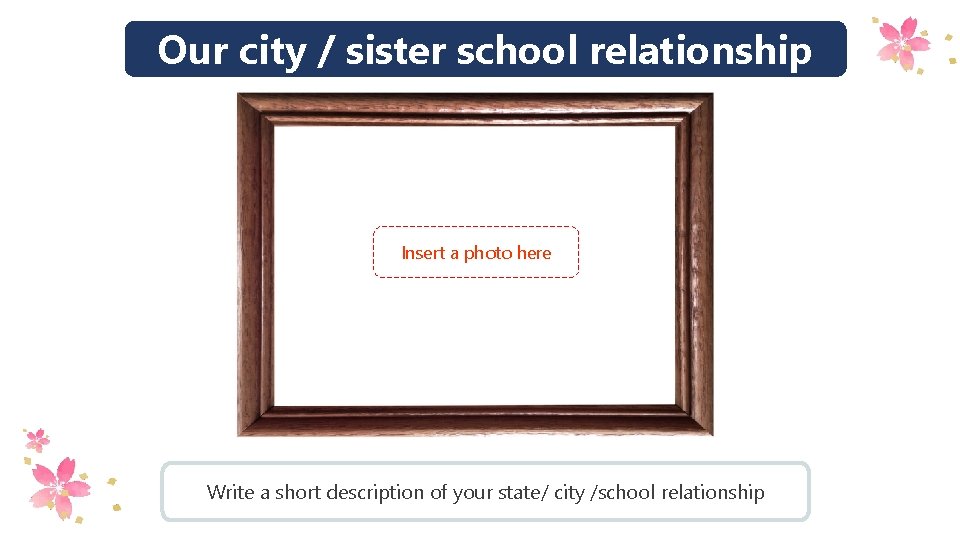 Our city / sister school relationship Insert a photo here Write a short description