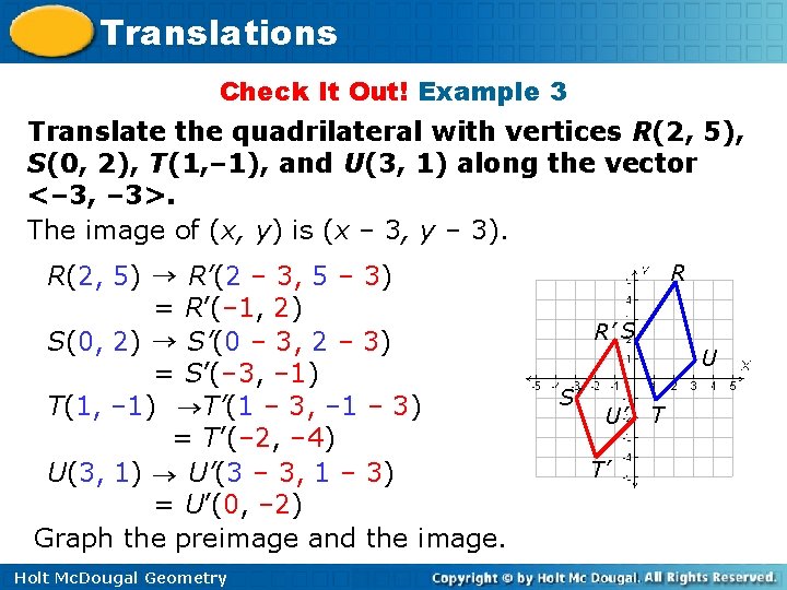 Translations Check It Out! Example 3 Translate the quadrilateral with vertices R(2, 5), S(0,